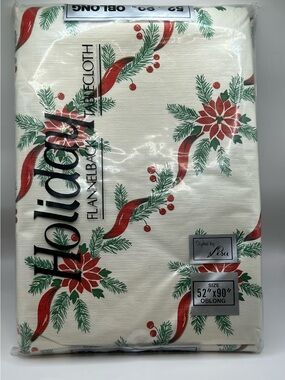 Holiday Flannel-Backed Tablecloth Ribbon Poinsettia 52x90